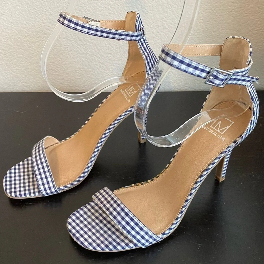 Material Girl Gingham Checkered Plaid Heels Size 9 Navy Blue White Coquette